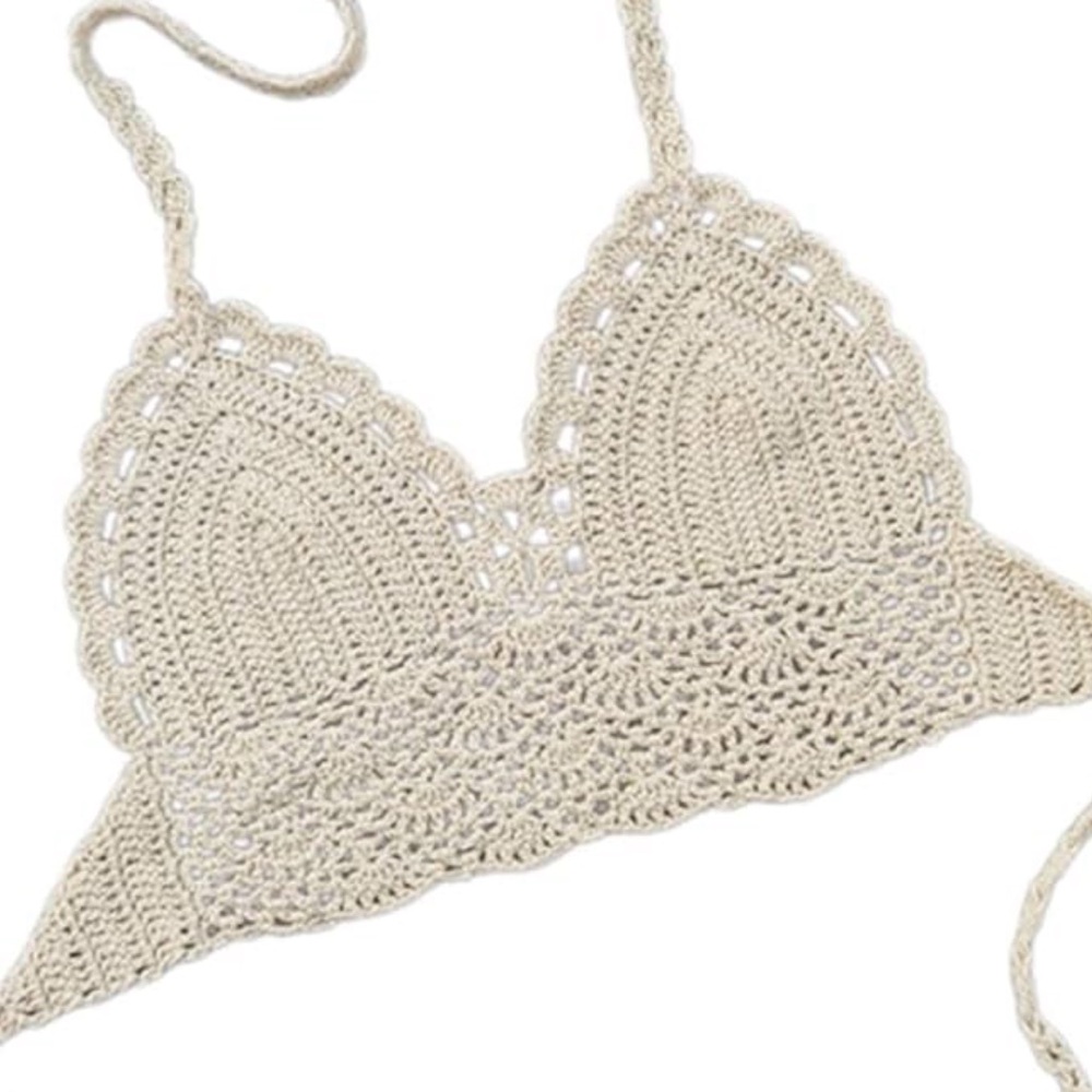 Crochet white bikini top. Handmade in Bali. Size medium.